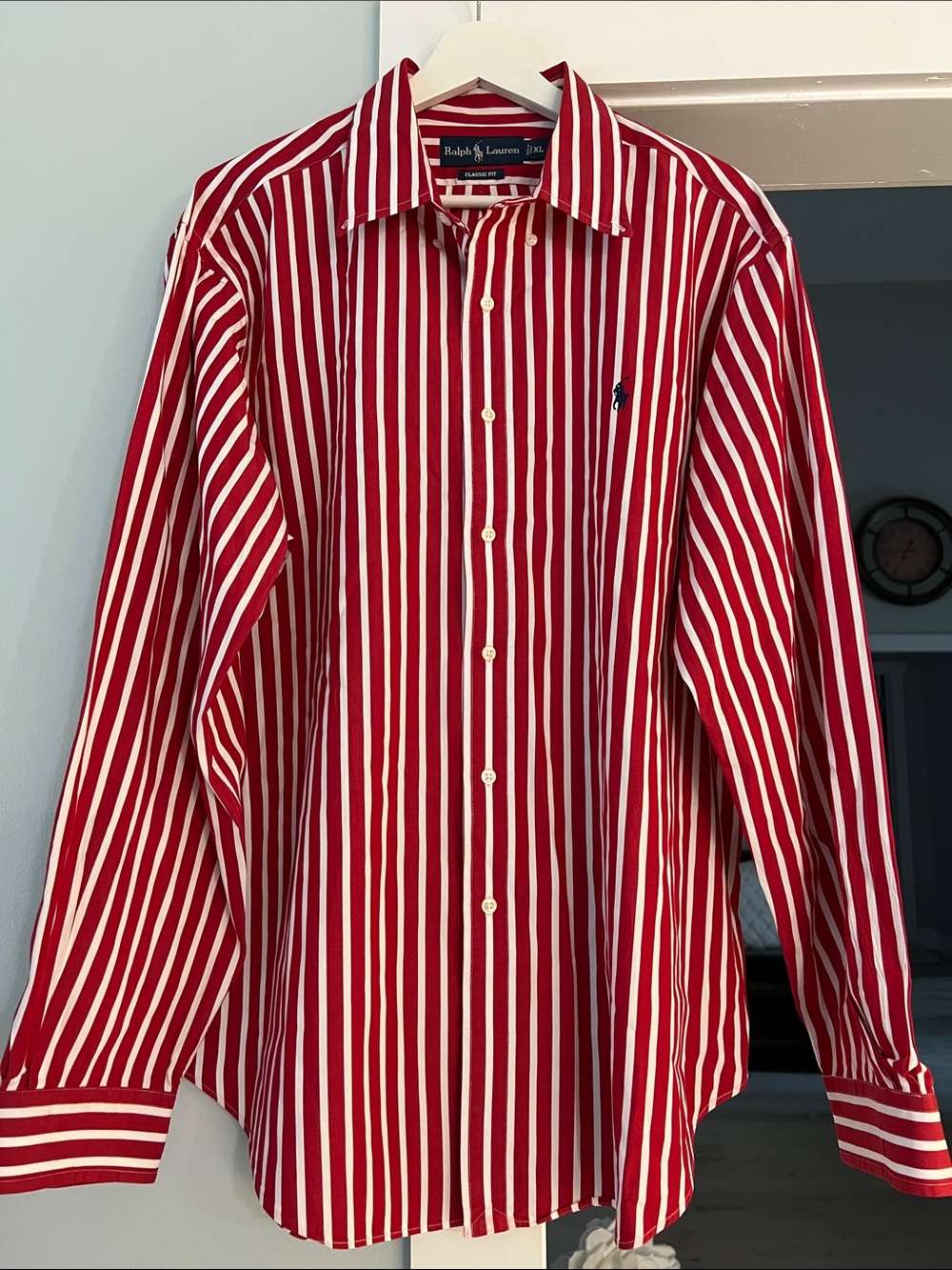 Ralph Lauren Men's Red & White Striped Classic Fit Dress Shirt Size XL